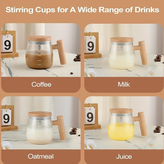 Wooden Design Automatic Self-Stirring Coffee Mug – One Click Electric Mixing Glass Cup