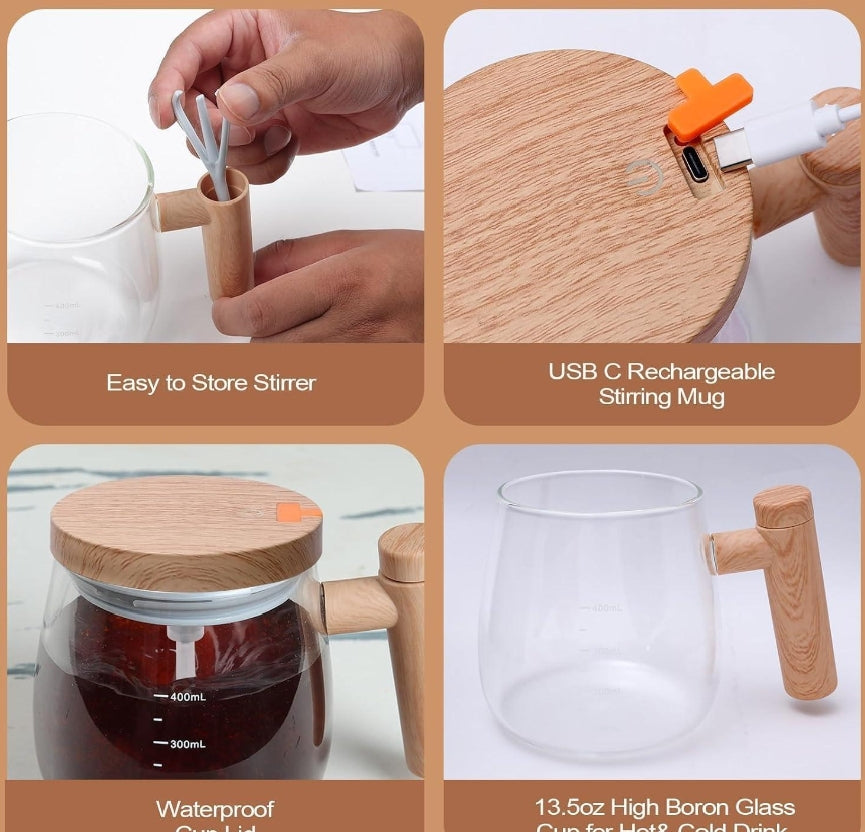 Wooden Design Automatic Self-Stirring Coffee Mug – One Click Electric Mixing Glass Cup