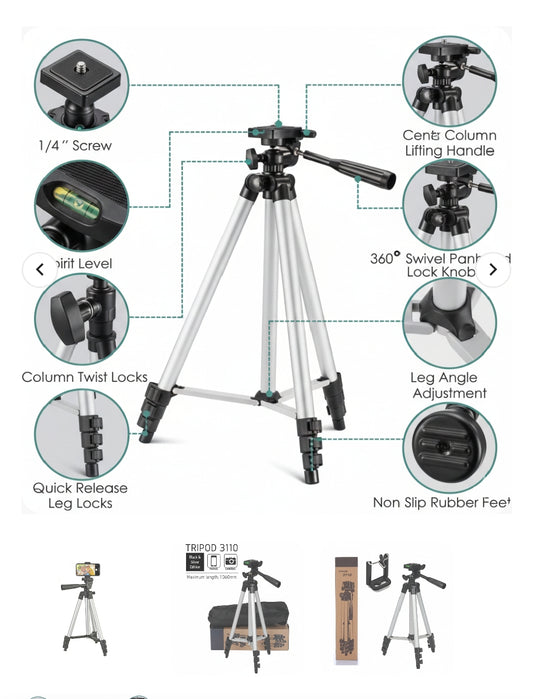 Tripod 3110 Portable Adjustable Aluminium Lightweight Camera Stand Tripod, with 3-Dimensional Head and Quick Release Plate for Video Cameras and Mobile, Black, Silver | 3110