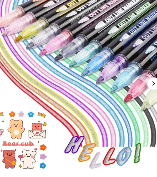 Double Line Outline Glitter Marker Pens Creative Dual Effect Writing And Drawing Tools For Art Craft And Decoration