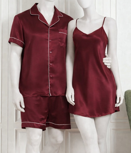 Couple Silk Night Suit / Sleepwear Set – Shirt free size & Shorts with Slip Dress | SKU DC-C013 (3 Pcs) | Black
