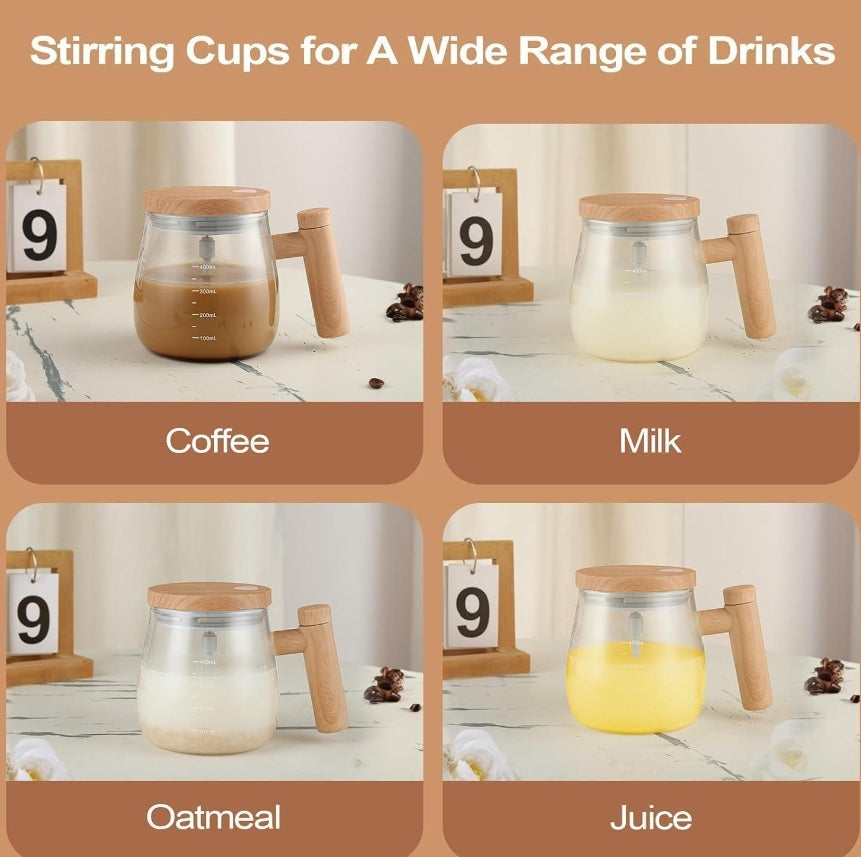 Wooden Design Automatic Self-Stirring Coffee Mug – One Click Electric Mixing Glass Cup