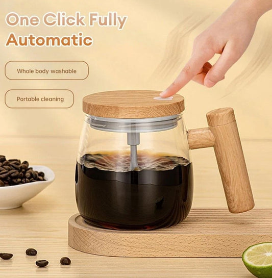 Wooden Design Automatic Self-Stirring Coffee Mug – One Click Electric Mixing Glass Cup