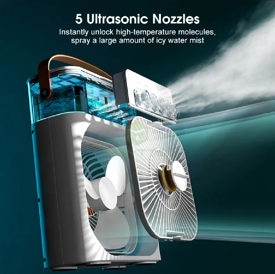 10-Inch Desktop Water Mist Fan – Portable Humidifier Air Cooler with 5-Hole Spray, 3 Speed Modes, and LED Night Light (Not Rechargeable)