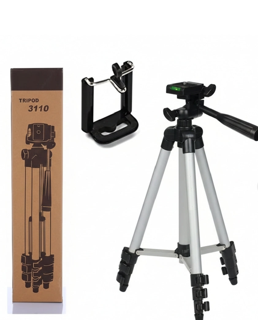 Tripod 3110 Portable Adjustable Aluminium Lightweight Camera Stand Tripod, with 3-Dimensional Head and Quick Release Plate for Video Cameras and Mobile, Black, Silver | 3110