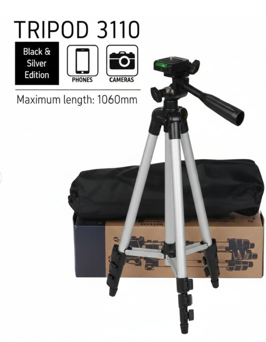 Tripod 3110 Portable Adjustable Aluminium Lightweight Camera Stand Tripod, with 3-Dimensional Head and Quick Release Plate for Video Cameras and Mobile, Black, Silver | 3110