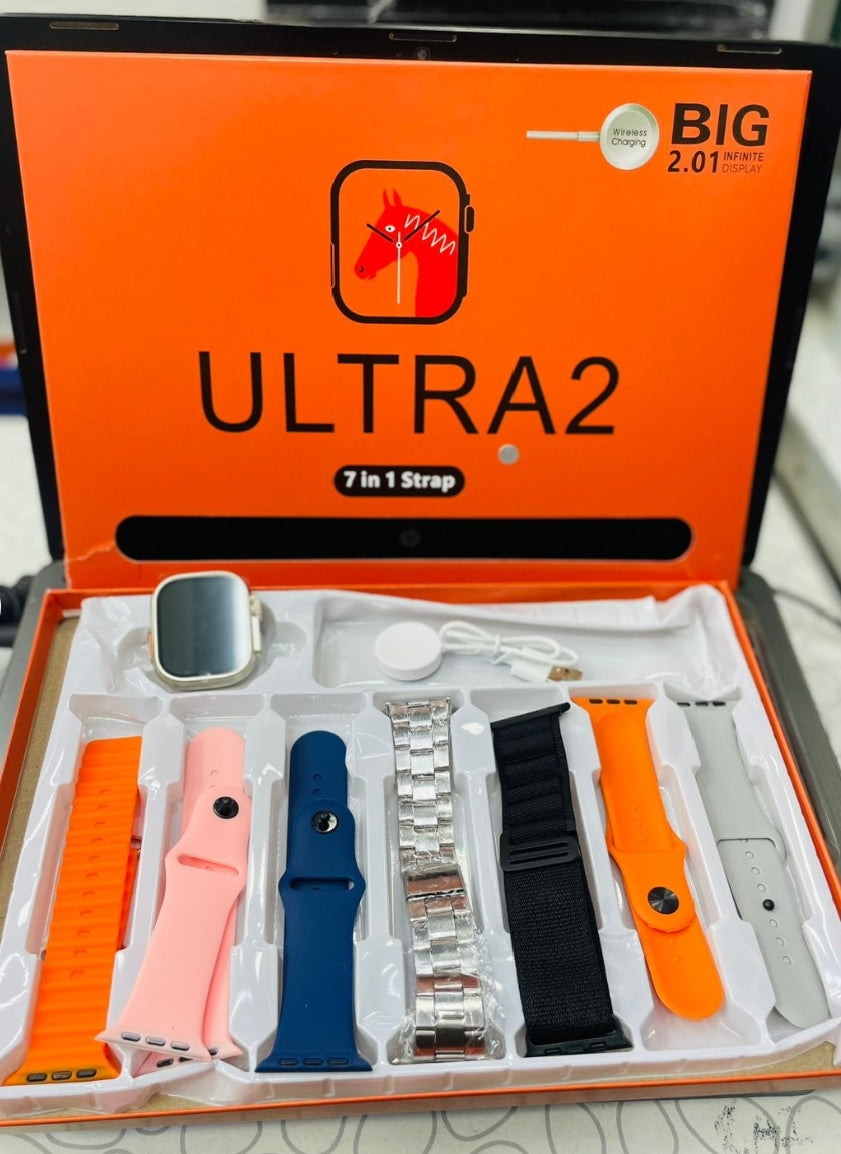 Ultra 2 Smart Watch Big 2.01 Infinite Display 7 in 1 Strap Set with Wireless Charging