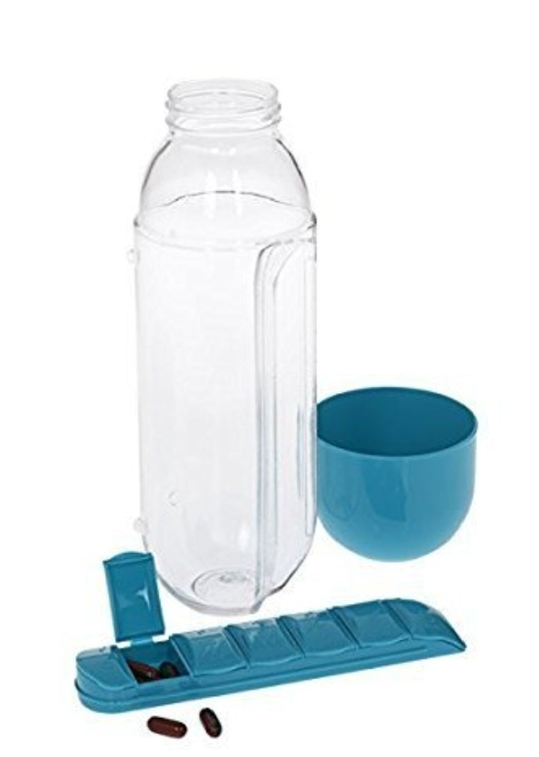 2-in-1 Medicine Organizer with Water Bottle – 7 Days Pill Box, 600ml BPA-Free Drinking Bottle, Removable Cup, Compact Travel Pill Planner for Kids, Adults & Elderly