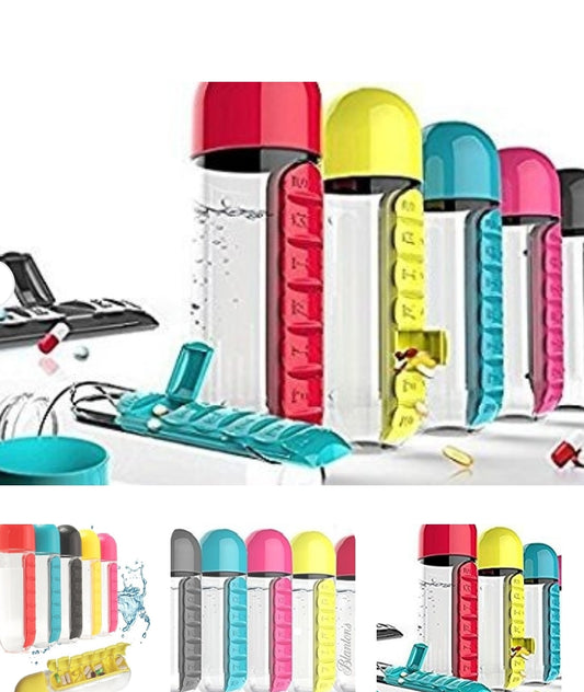 2-in-1 Medicine Organizer with Water Bottle – 7 Days Pill Box, 600ml BPA-Free Drinking Bottle, Removable Cup, Compact Travel Pill Planner for Kids, Adults & Elderly