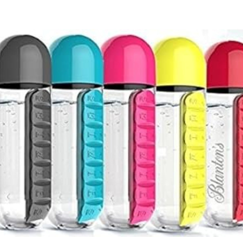 2-in-1 Medicine Organizer with Water Bottle – 7 Days Pill Box, 600ml BPA-Free Drinking Bottle, Removable Cup, Compact Travel Pill Planner for Kids, Adults & Elderly