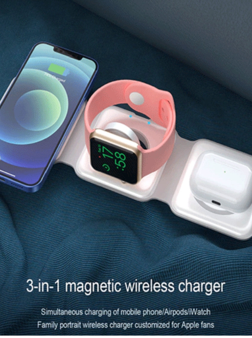 3 in 1 Magnetic Foldable Wireless Charging Station 15W Fast Charger for iPhone, AirPods & Smartwatch