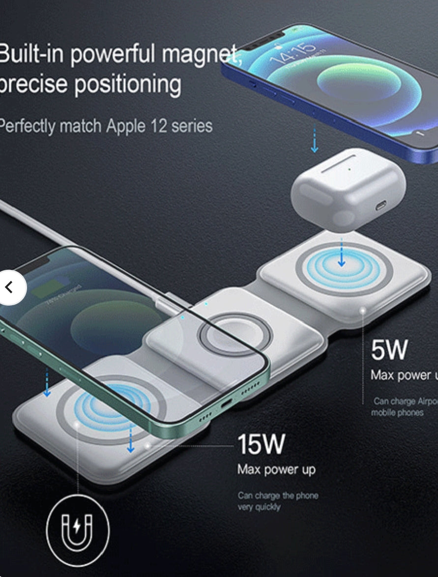 3 in 1 Magnetic Foldable Wireless Charging Station 15W Fast Charger for iPhone, AirPods & Smartwatch