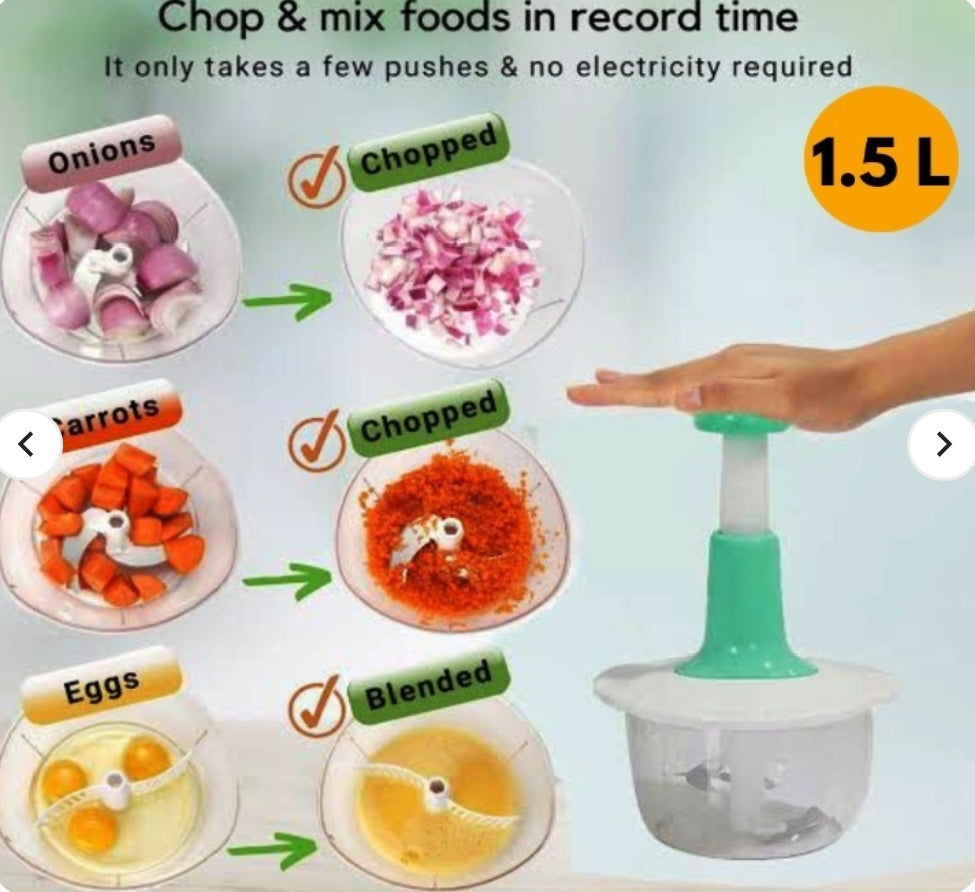 1.5L Manual Food Chopper – Speedy Hand Press Vegetable & Fruit Cutter - Plastic Body (Random Color)