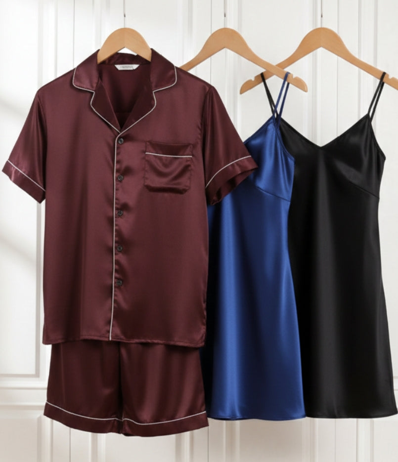 Couple Silk Night Suit / Sleepwear Set – Shirt  free size & Shorts with Slip Dress | SKU DC-C013 (3 Pcs) | Black