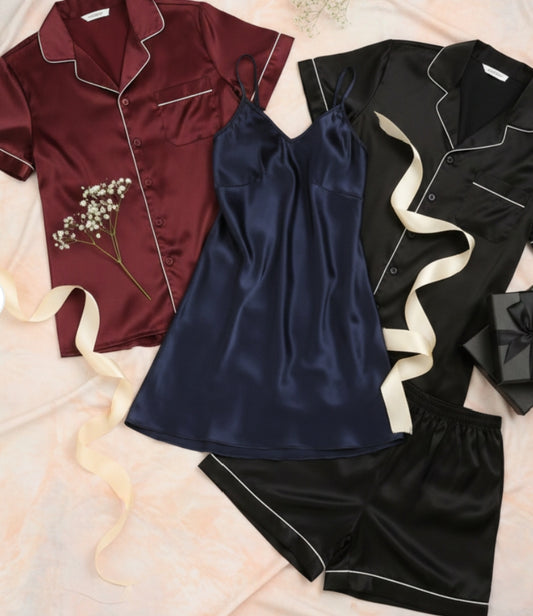Couple Silk Night Suit / Sleepwear Set – Shirt  free size & Shorts with Slip Dress | SKU DC-C013 (3 Pcs) | Black