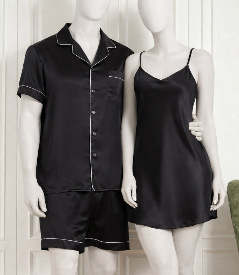 Couple Silk Night Suit / Sleepwear Set – Shirt  free size & Shorts with Slip Dress | SKU DC-C013 (3 Pcs) | Black