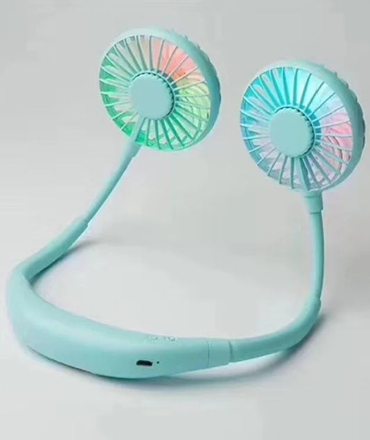 Lazy Portable Silent Neck Fan – Wearable Rechargeable Dual Fan with LED Light & 3-Speed Control (Random Color)