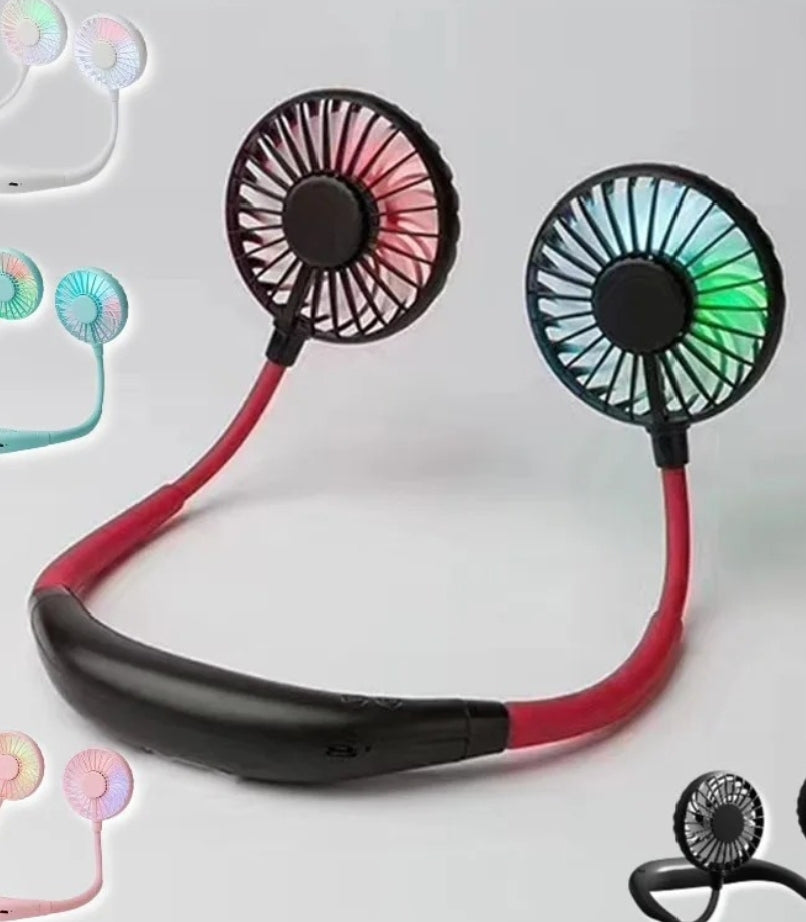 Lazy Portable Silent Neck Fan – Wearable Rechargeable Dual Fan with LED Light & 3-Speed Control (Random Color)