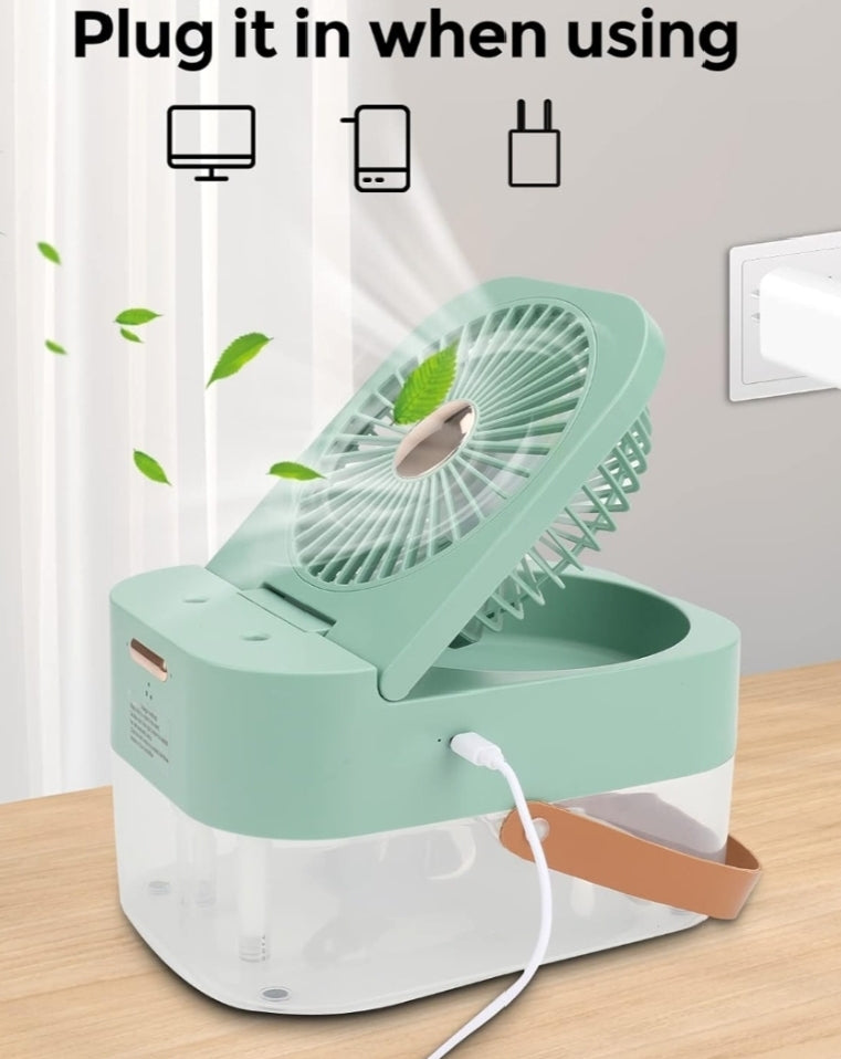 Mini Fan with Cool Mist, Portable Air Cooler, USB Table Fan, Desk Fan with 3 Wind Modes and Brightness Adjustment, Table Fan for Home, Office